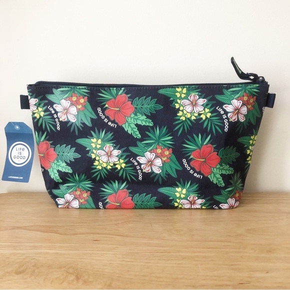 Life Is Good Blue Tropical Floral Hibiscus Pattern Carry All Travel Canvas Pouch - Picture 3 of 9